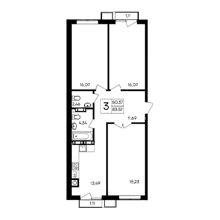 3 комнатная 83.57м²