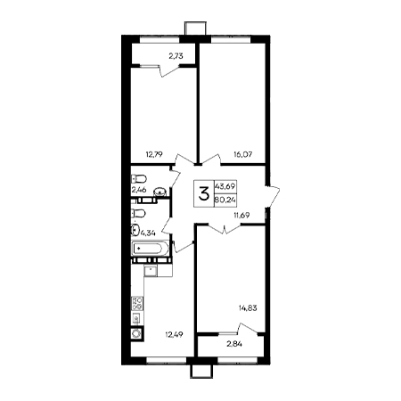 3 комнатная 80.24м²