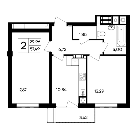 2 комнатная 57.49м²