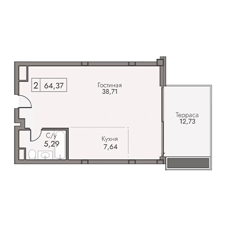 2 комнатная 64.37м²