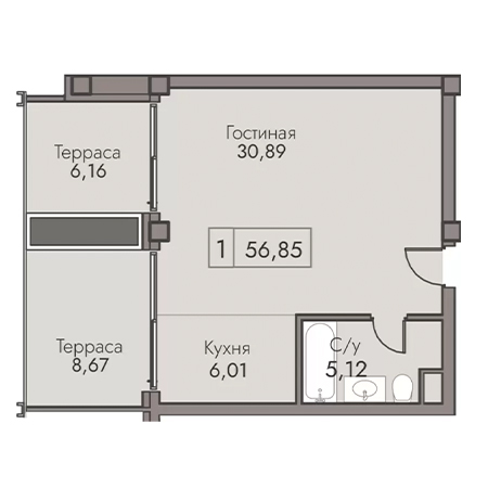 1 комнатная 56.85м²