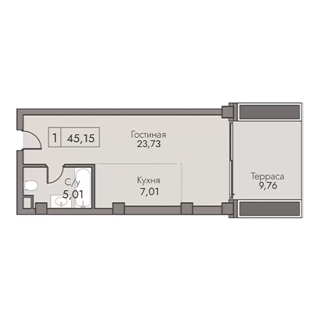 1 комнатная 45.15м²