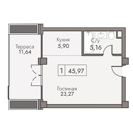 1 комнатная 45.97м²