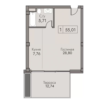 1 комнатная 55.01м²