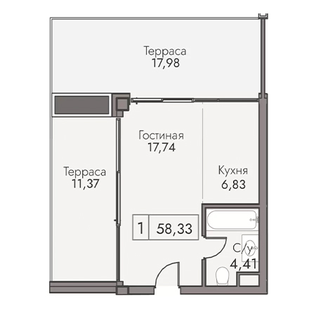 1 комнатная 58.33м²