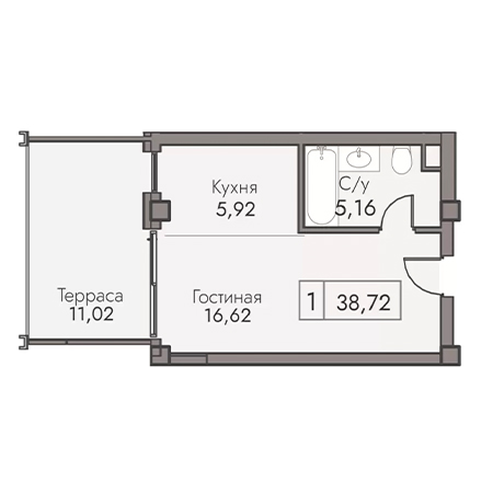 1 комнатная 38.72м²