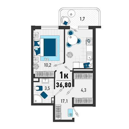 1 комнатная 36.8м²