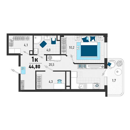 1 комнатная 44.8м²