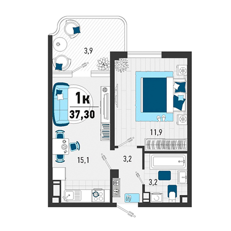 1 комнатная 37.3м²