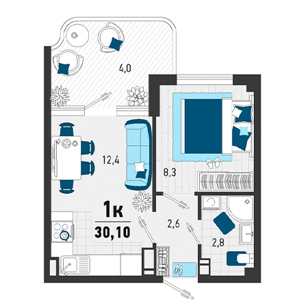 1 комнатная 30.1м²