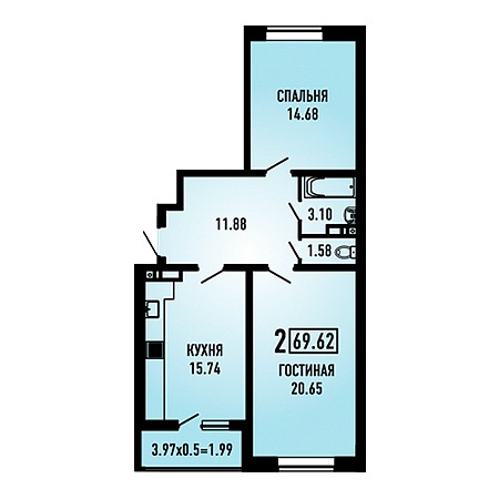 2 комнатная 69.62м²