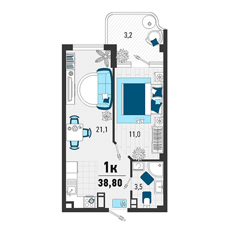 1 комнатная 38.8м²