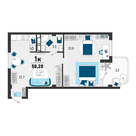 1 комнатная 50.2м²