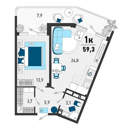 1 комнатная 59.3м²