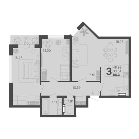 3 комнатная 86.3м²