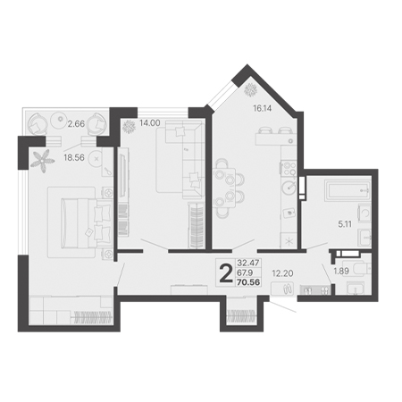 2 комнатная 70.56м²