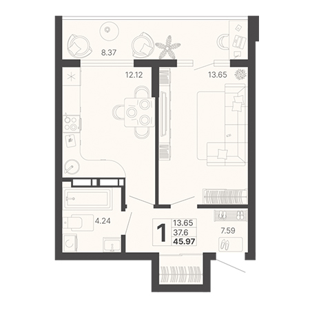 1 комнатная 45.97м²