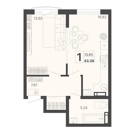 1 комнатная 43.38м²