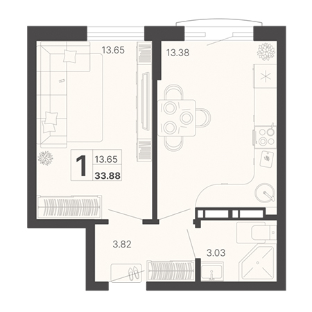 1 комнатная 33.88м²