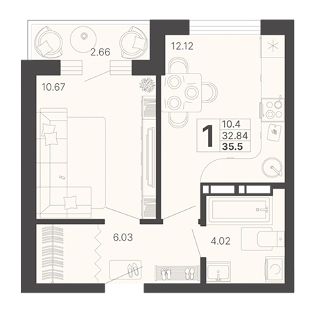 1 комнатная 35.5м²