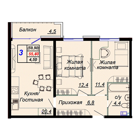 3 комнатная 59.9м²