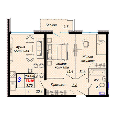 3 комнатная 59.1м²