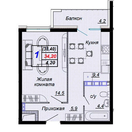 1 комнатная 38.4м²