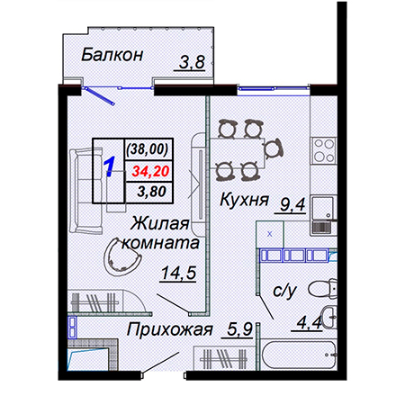 1 комнатная 38м²