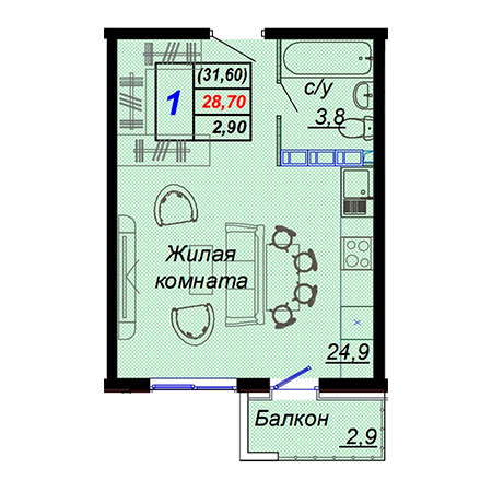 1 комнатная 31.6м²