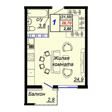 1 комнатная 31.5м²