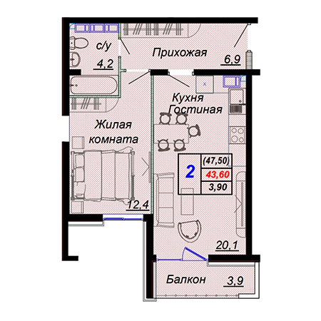 2 комнатная 47.5м²