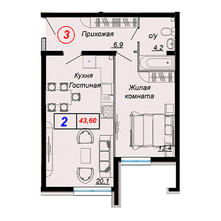 2 комнатная 43.6м²