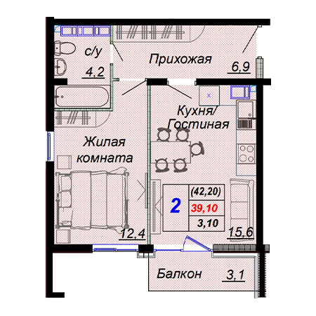 2 комнатная 42.2м²