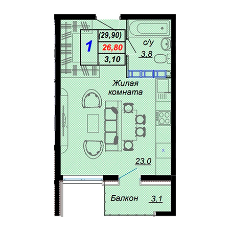 Студия 29.9м²