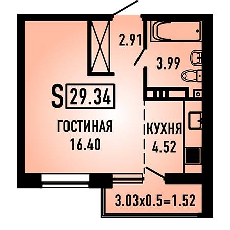 Студия 29.34м²