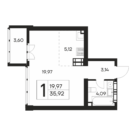 1 комнатная 35.92м²