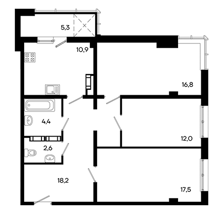 3 комнатная 87.7м²