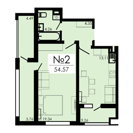 1 комнатная 54.57м²