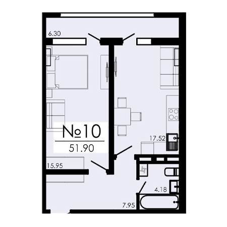 1 комнатная 51.9м²