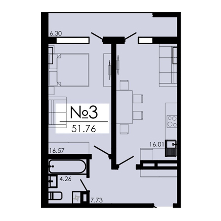 1 комнатная 51.76м²