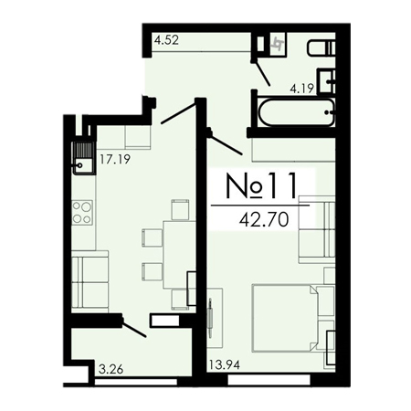 1 комнатная 42.7м²