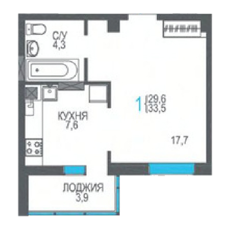 1 комнатная 33.5м²