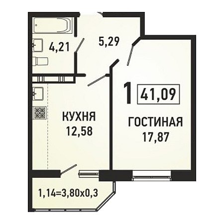 1 комнатная 41.09м²