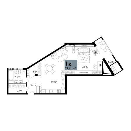 1 комнатная 79.41м²