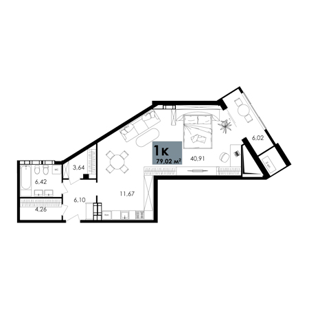 1 комнатная 79.02м²