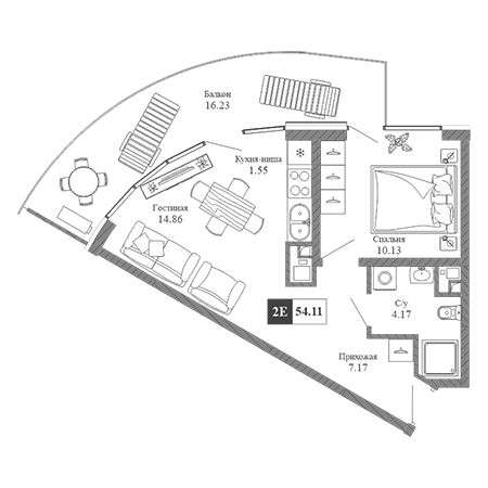 2 комнатная 54.11м²