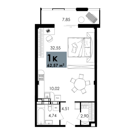 1 комнатная 62.57м²