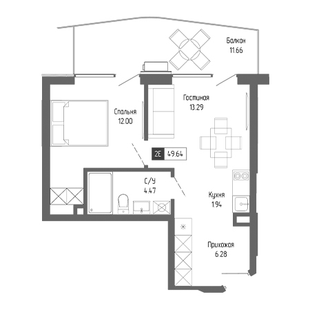 2 комнатная 49.64м²