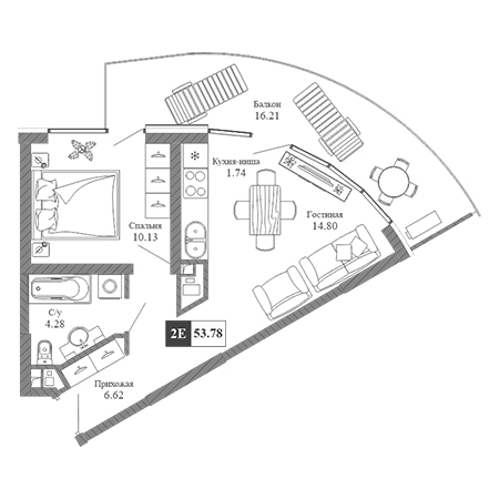 2 комнатная 53.78м²