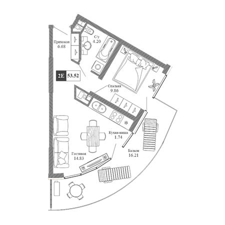 2 комнатная 53.52м²